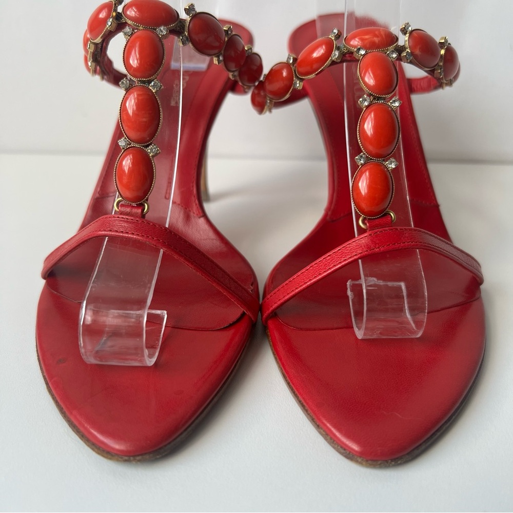 Sergio Rossi Red Crystal and Orange Stone Embellished Sandals, Size 39 - Picture 14 of 16